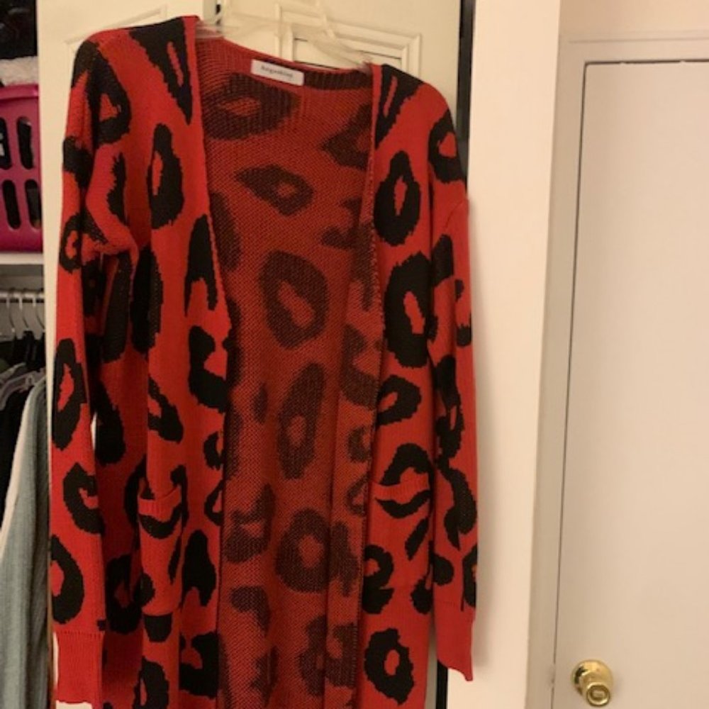 AMAZON, Large- Red Leopard Long Sleeve Cardigan